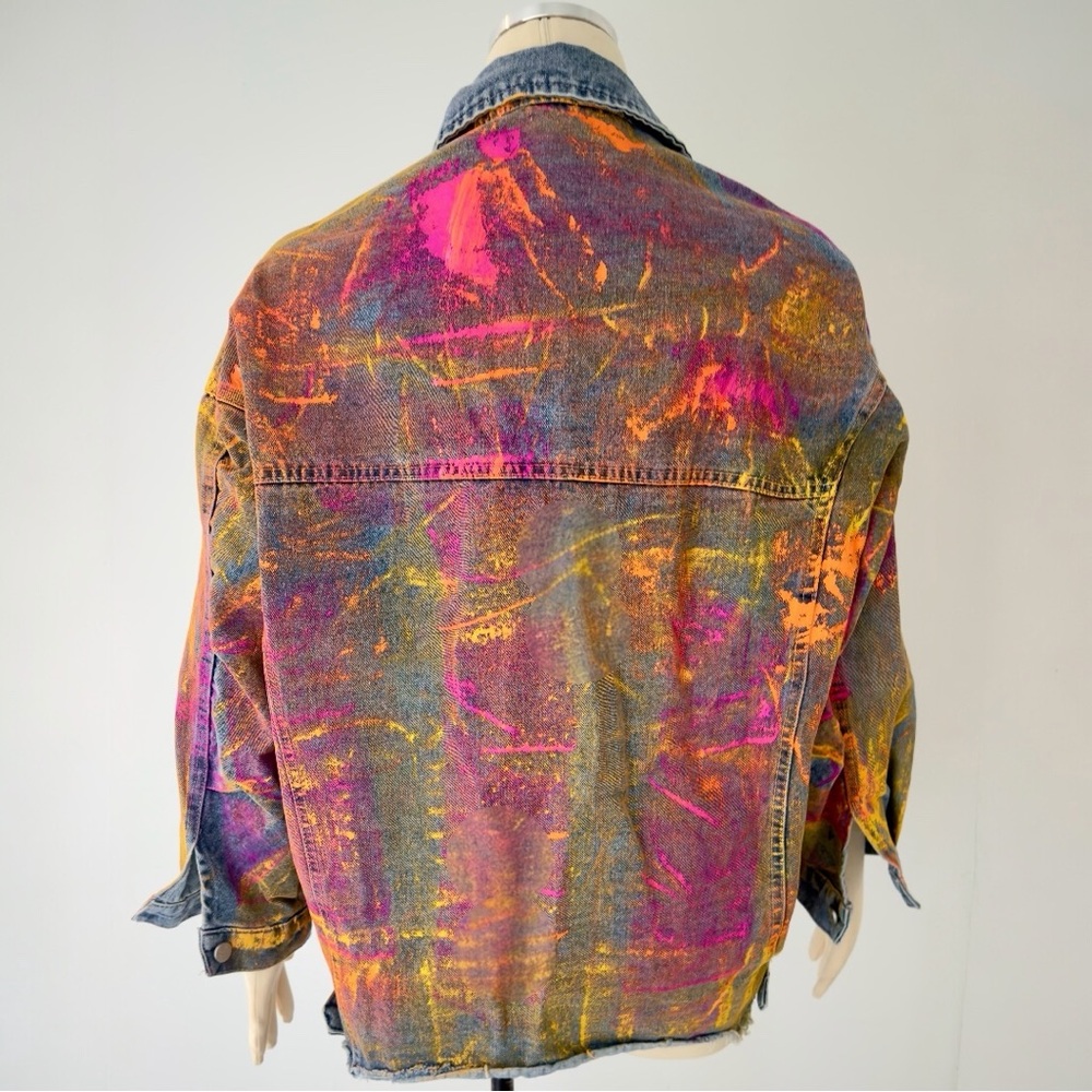 Beulah Splattered Paint Pollock Painted Oversized Distressed Denim Jean Jacket - Picture 8 of 16